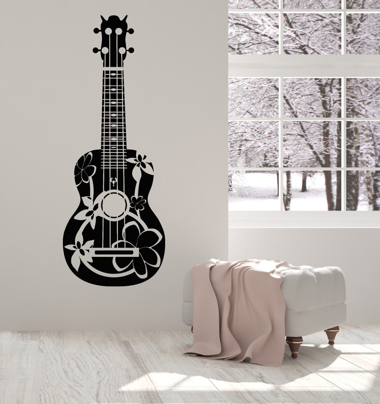 Autocollant mural en vinyle pour guitariste acoustique, guitare, musicien, fleurs, autocollants (1421ig)