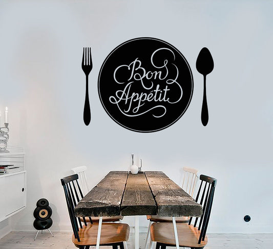 Vinyl Wall Decal Bon Appetit Quote Fork Spoon Kitchen Design Stickers (1440ig)