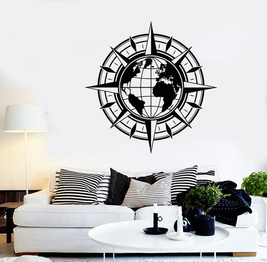 Vinyl Wall Decal Map Of World Compass Travel Globe Earth Stickers (1442ig)