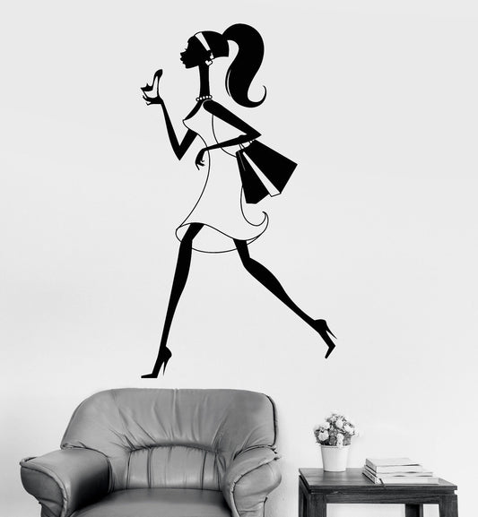 Wandtattoo Shopping Girl Shopaholic Stilettos Shop Fashion Sticker Vinyl 1490ig