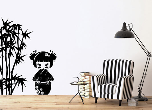 Autocollant mural en vinyle, poupée Kokeshi, Branches de bambou, pour chambre d'enfant (n807)