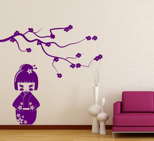 Vinyl Decal Wall Sticker Japanese Geisha Doll Kokeshi Sakura Branch Decor (n808)