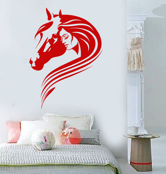 Vinyl Wall Decal Beautiful Girl With Horse Head Pet Room Decor Stickers (1640ig)