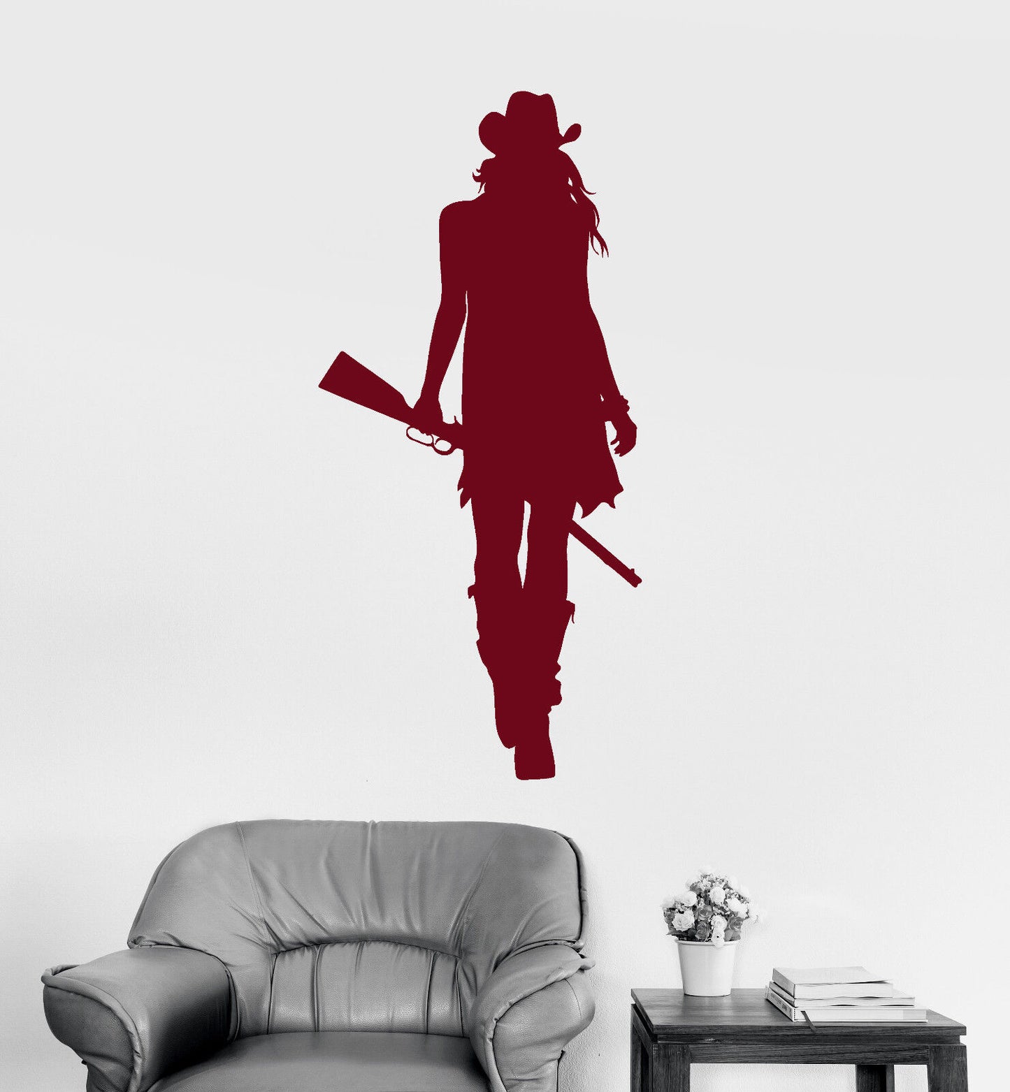 Vinyl Wall Decal Cowgirl With Gun Cowboy Hat Western Stickers (1654ig)