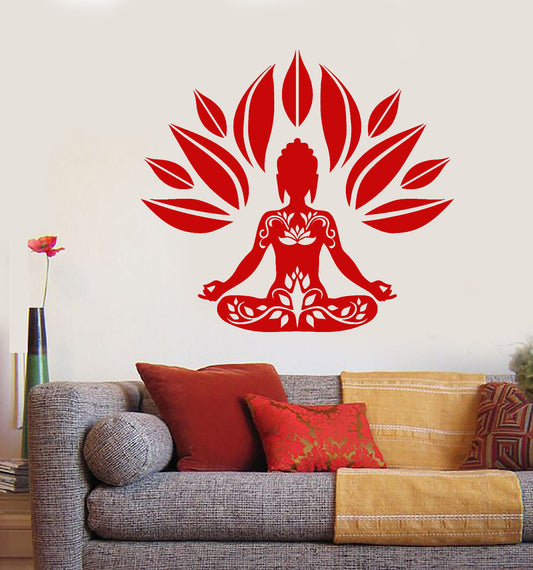 Vinyl Wall Decal Buddhism Yoga Buddha Lotus Pose Flower Stickers (1672ig)