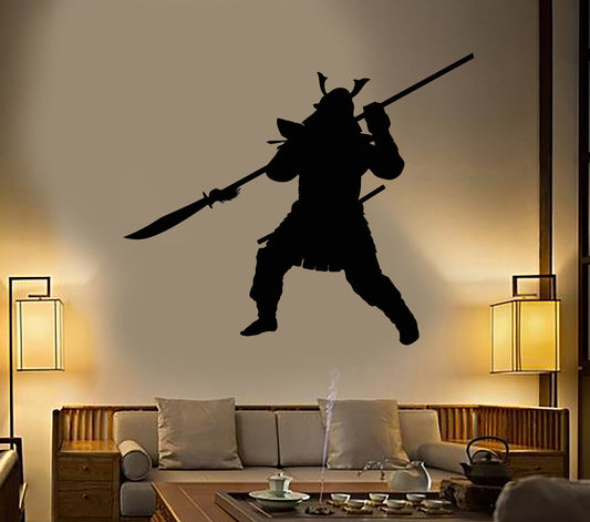 Autocollant mural en vinyle, Silhouette de guerrier japonais samouraï avec lance, autocollants 1763ig