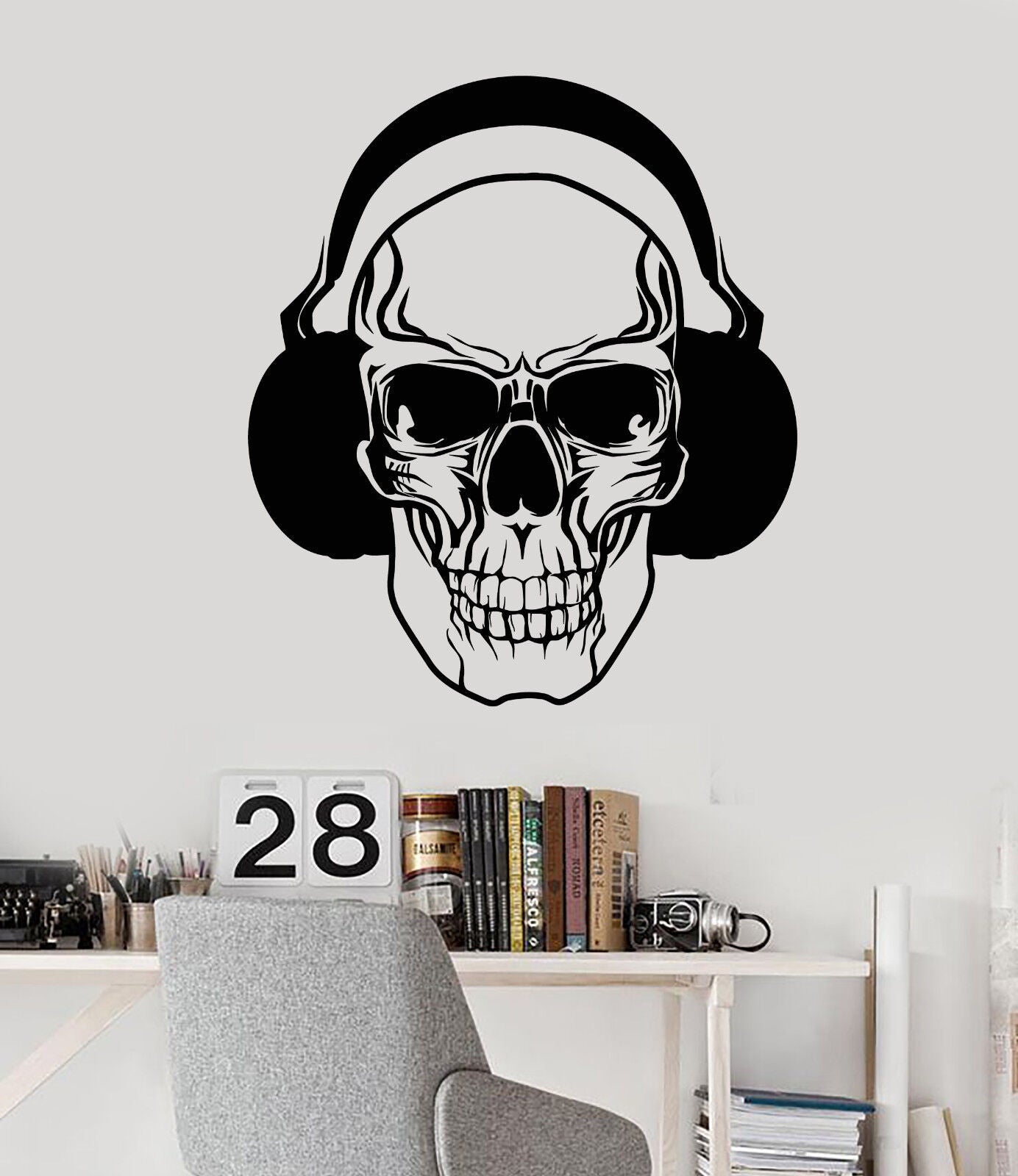 Wandtattoo Totenkopf Musikliebhaber Kopfhörer Jugendzimmer Sticker (1806ig)