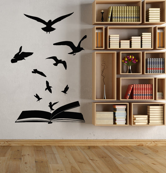 Vinyl Wall Decal Open Book Flock Of Birds Learning Library Stickers (1882ig)