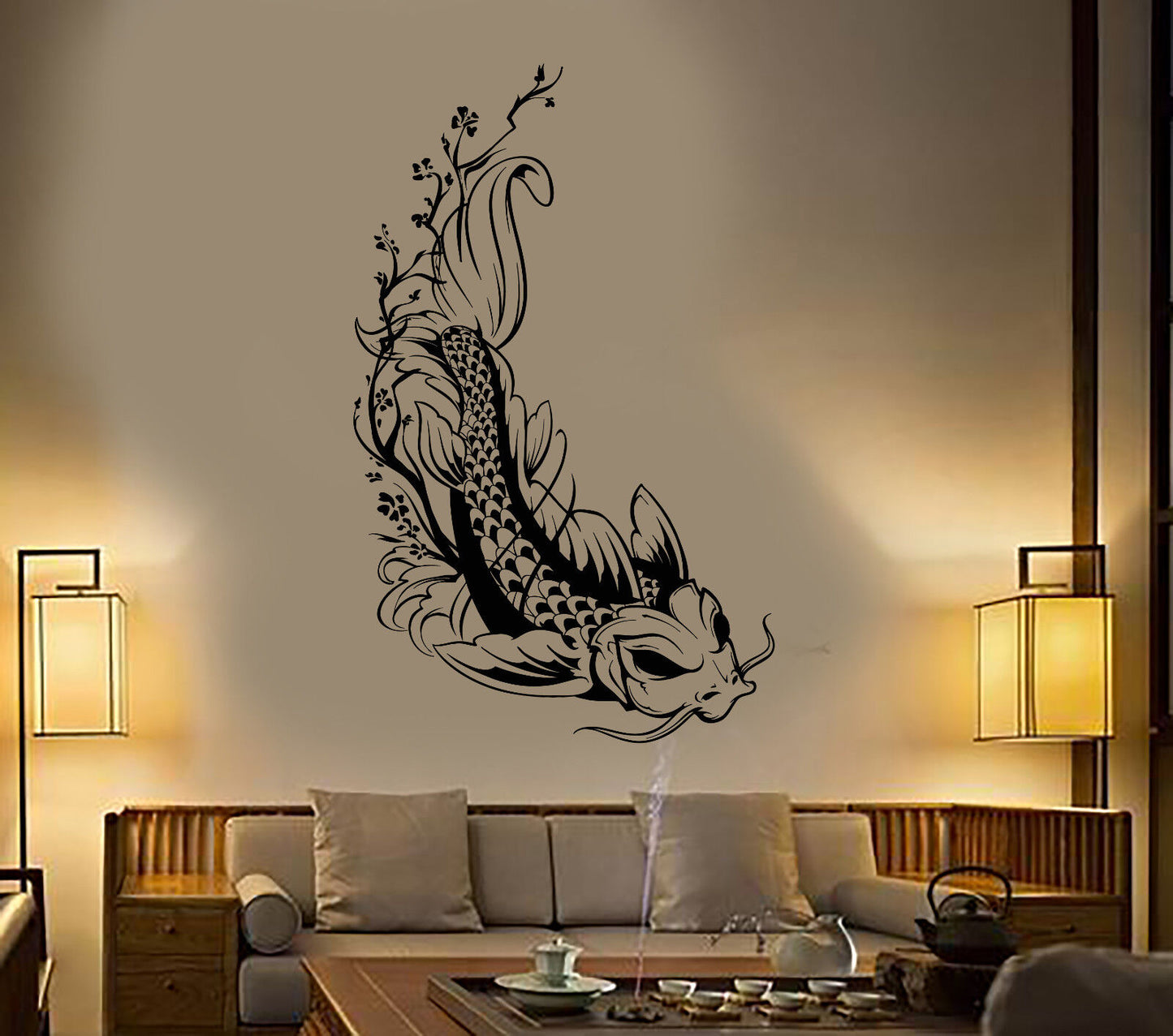 Autocollant mural en vinyle Style asiatique japonais Koi Karp poisson Sakura arbre autocollants 1935ig