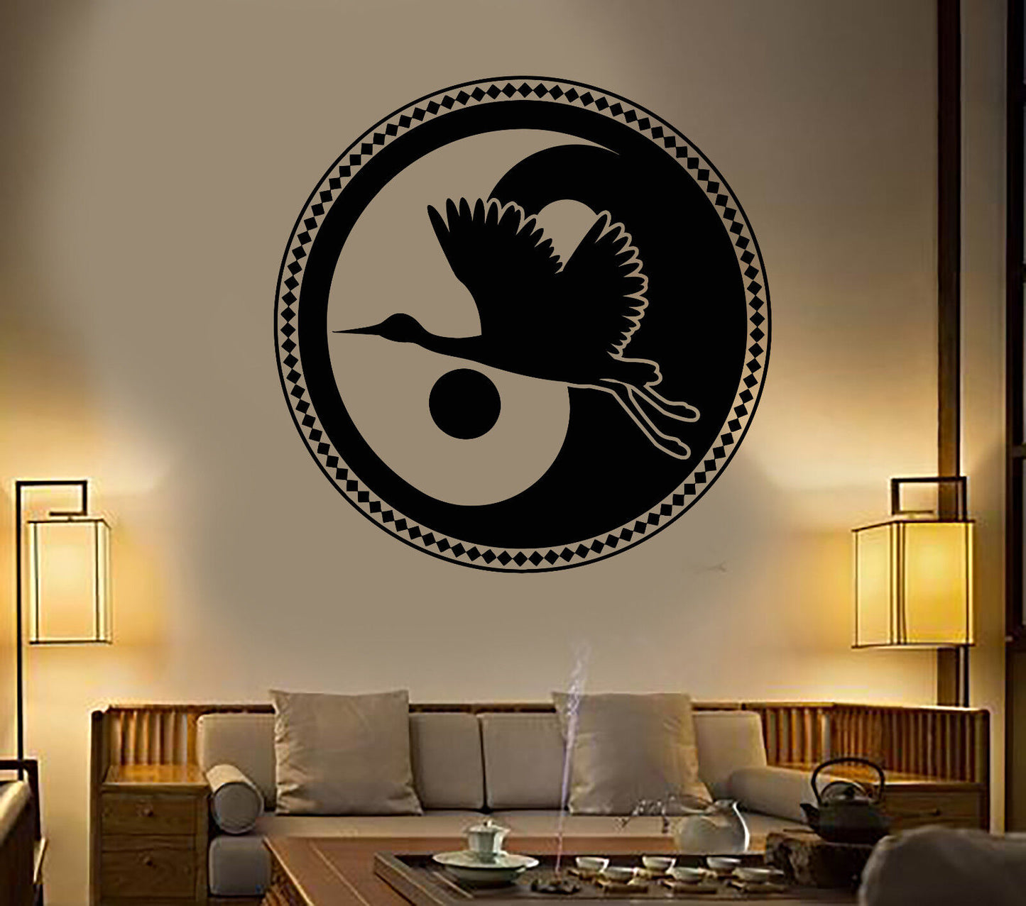 Vinyl Wall Decal Asian Japanese Bird Crane Yin Yang Buddhism Stickers (1983ig)