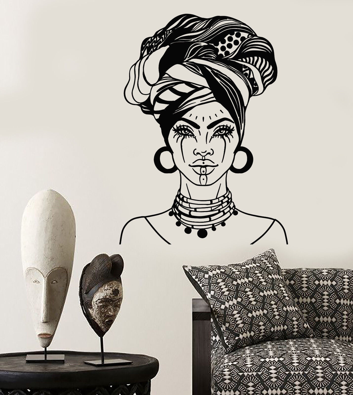 Autocollant mural en vinyle, tête de femme africaine, Turban, tatouages ​​de visage natif (2026ig)