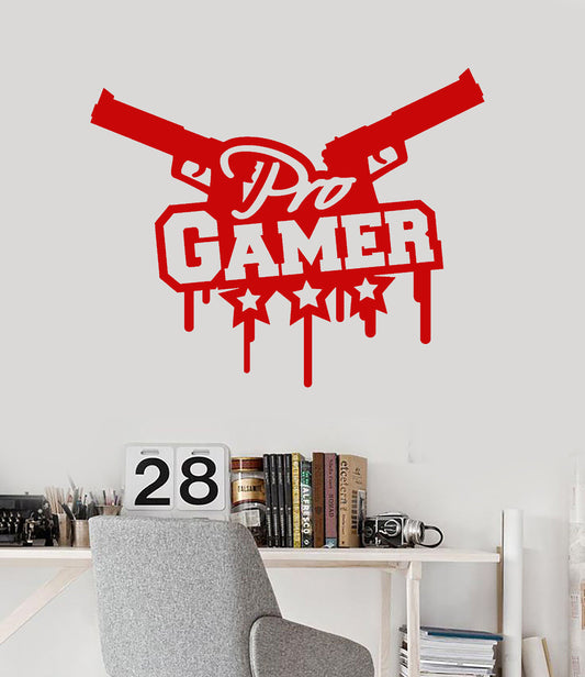 Autocollant mural en vinyle pour jeu vidéo Pro Gamer Room, autocollants avec mots et armes à feu (2075ig)