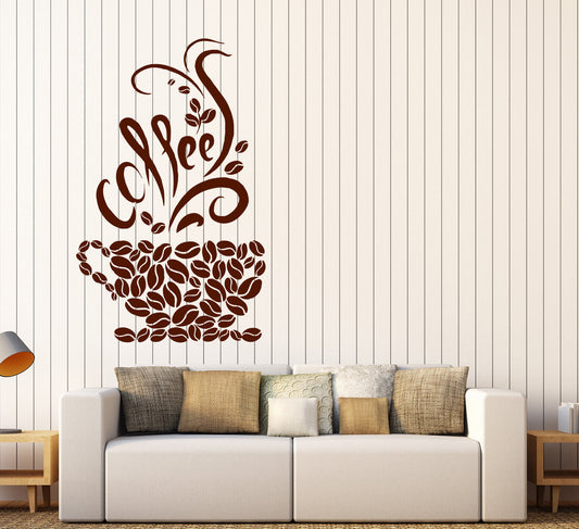 Large Vinyl Decal Coffee Beans Cups Cafe Kitchen Pub Restaurant Decor (n939)