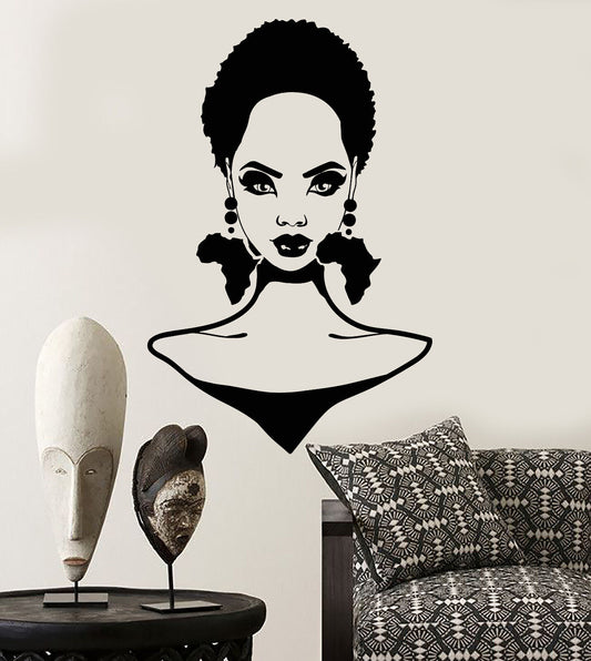 Vinyl Wall Decal African Girl Hairstyle Africa Continent Earrings Sticker 2094ig