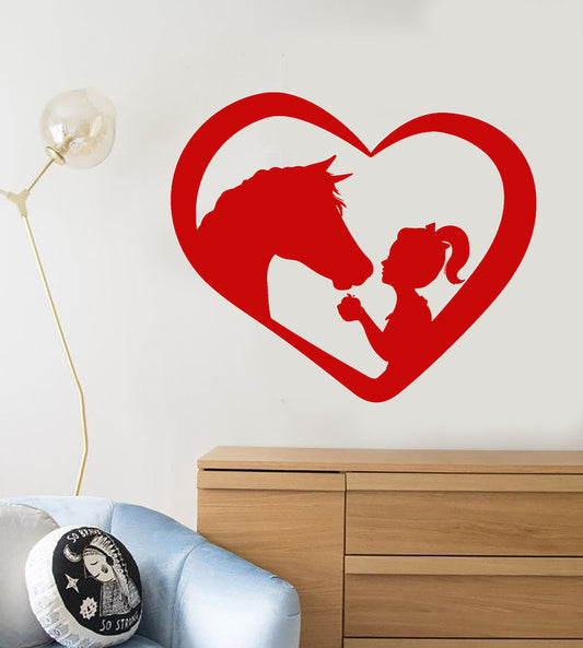 Vinyl Wall Decal Heart Symbol Love Girl With Horse Pet Animal Stickers (2109ig)