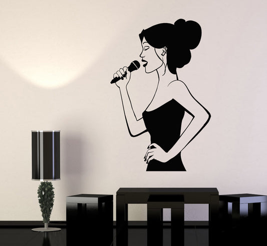 Vinyl Wall Decal Karaoke Club Singer Woman With Microphone Stickers (2159ig)