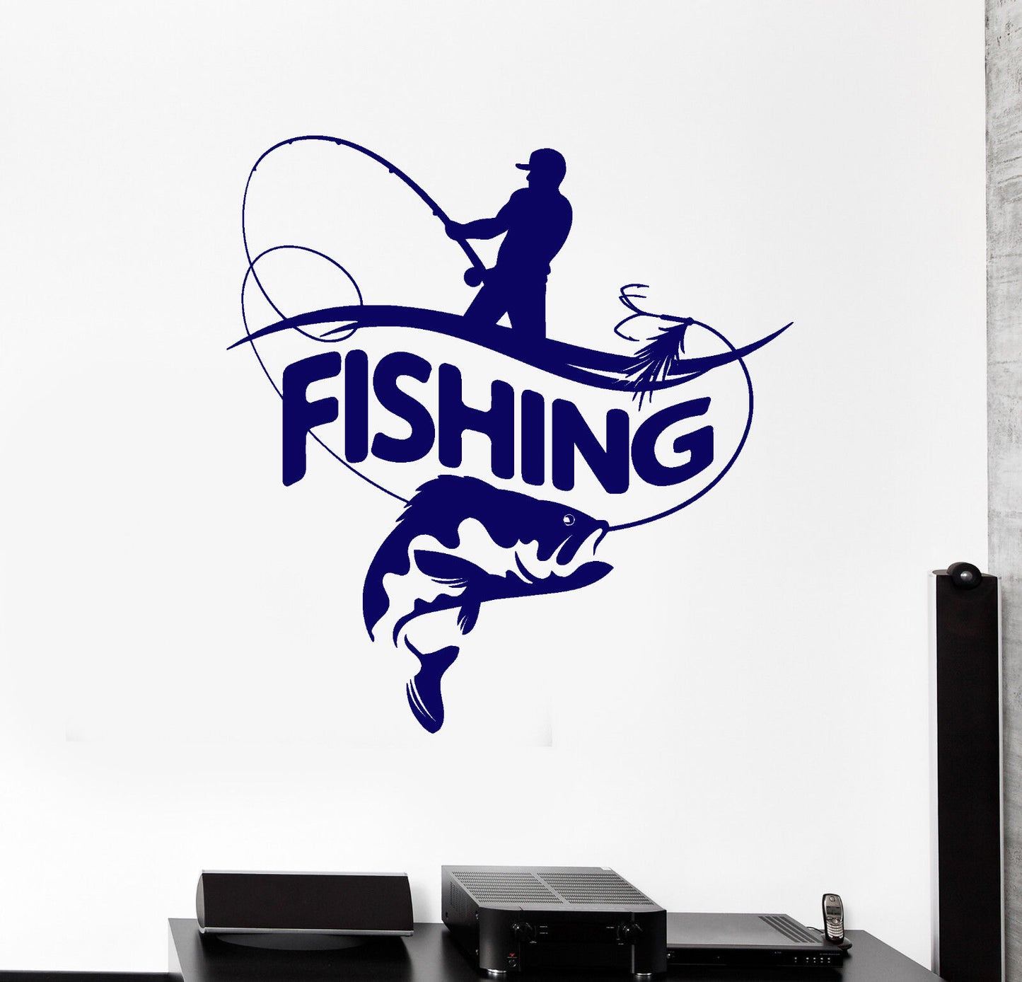 Autocollant mural en vinyle avec logo de pêcheur, canne à pêche, gros poisson (2187ig)