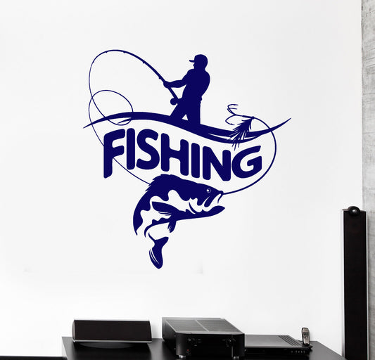 Wandtattoo Fischer Angelrute großer Fisch Logotyp Vinyl Aufkleber (2187ig)