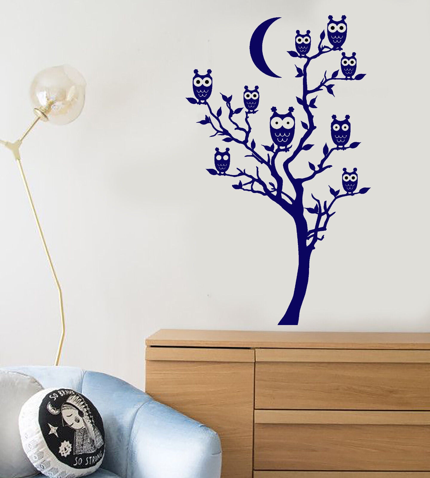 Autocollant mural en vinyle, dessin animé, arbre féerique, lune, hibou, oiseaux (2190ig)