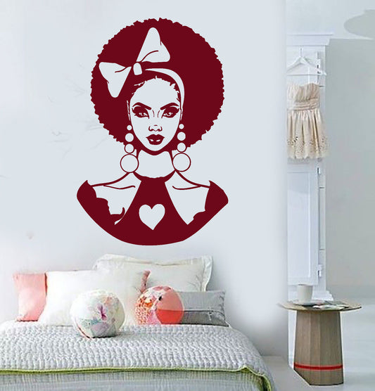 Vinyl Wall Decal African Woman Hairstyle Bow Black Lady Stickers (2204ig)