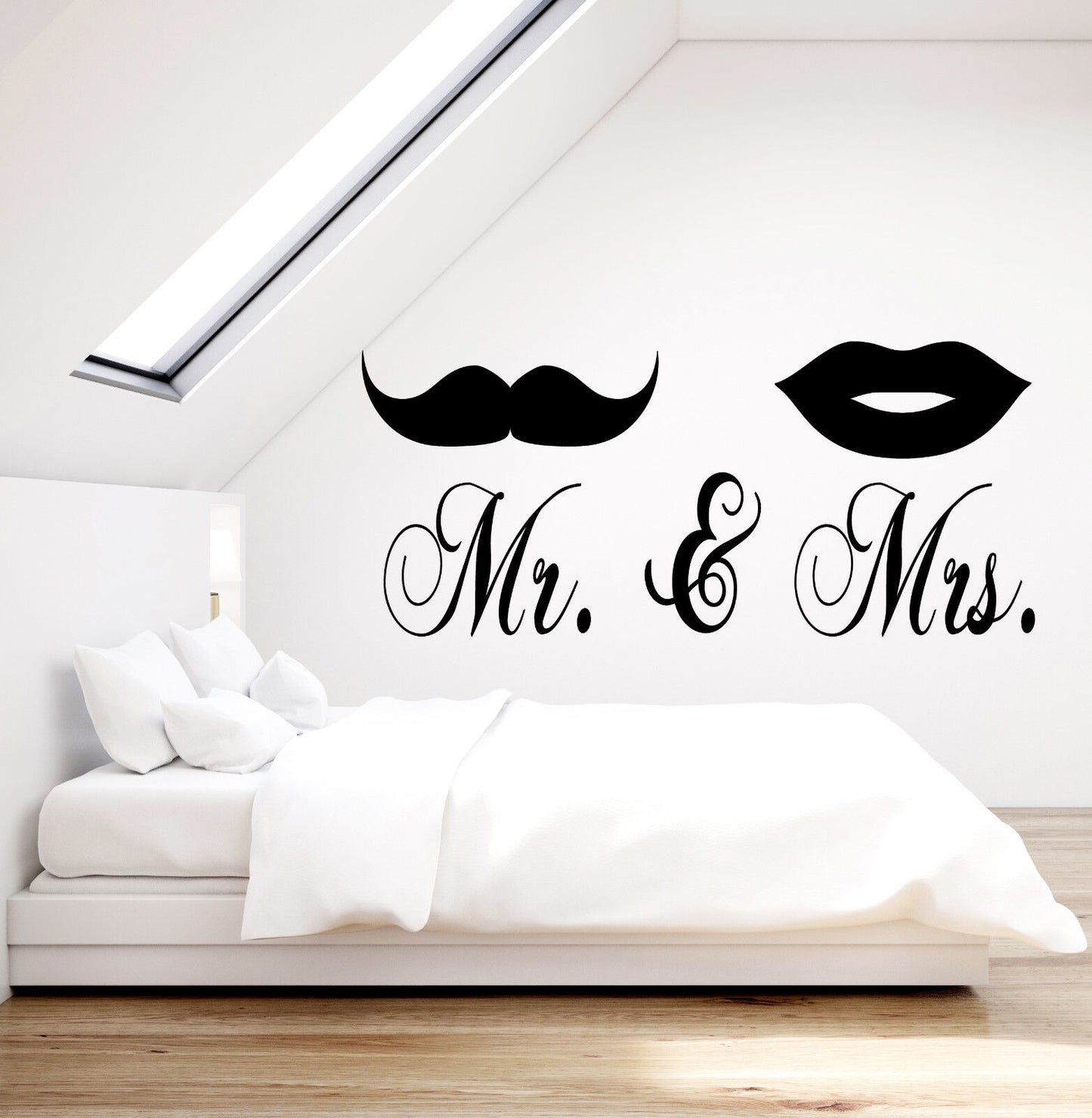 Wandaufkleber aus Vinyl, Motiv: „Mr. and Mrs.“, mit Schnurrbart und Lippen, für Schlafzimmer (2212ig)