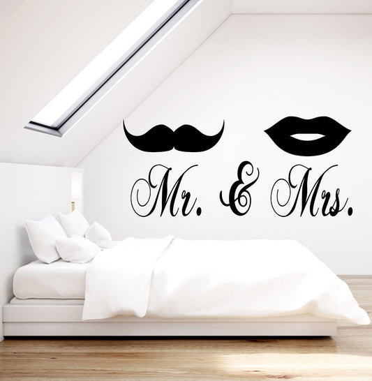 Wandaufkleber aus Vinyl, Motiv: „Mr. and Mrs.“, mit Schnurrbart und Lippen, für Schlafzimmer (2212ig)