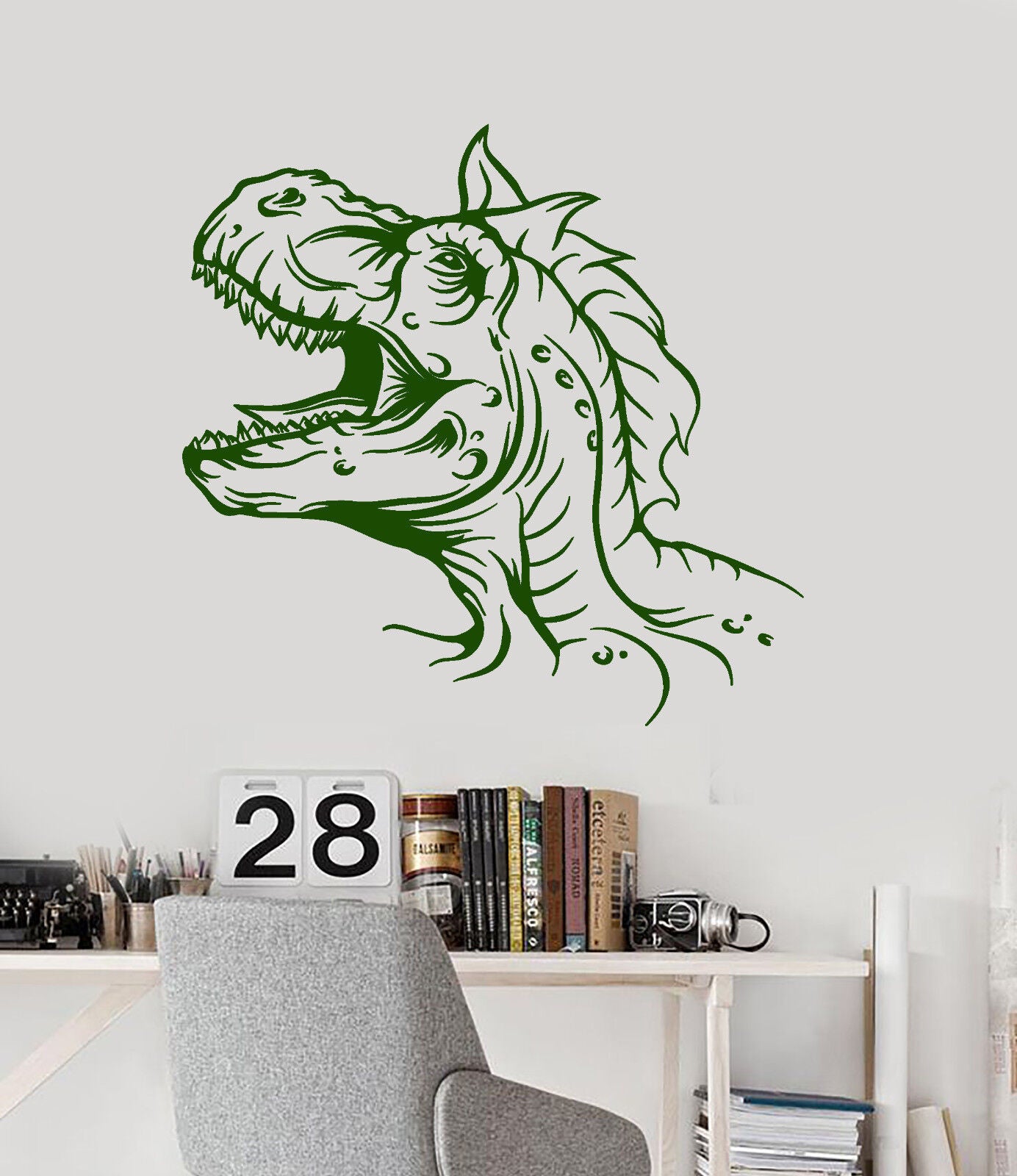 Autocollant mural en vinyle avec tête de dinosaure et crocs, autocollants pour chambre d'enfant (2214ig)