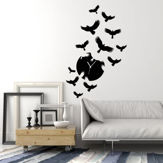 Autocollant mural en vinyle, horloge, Silhouette, troupeau d'oiseaux, corbeaux (2222ig)