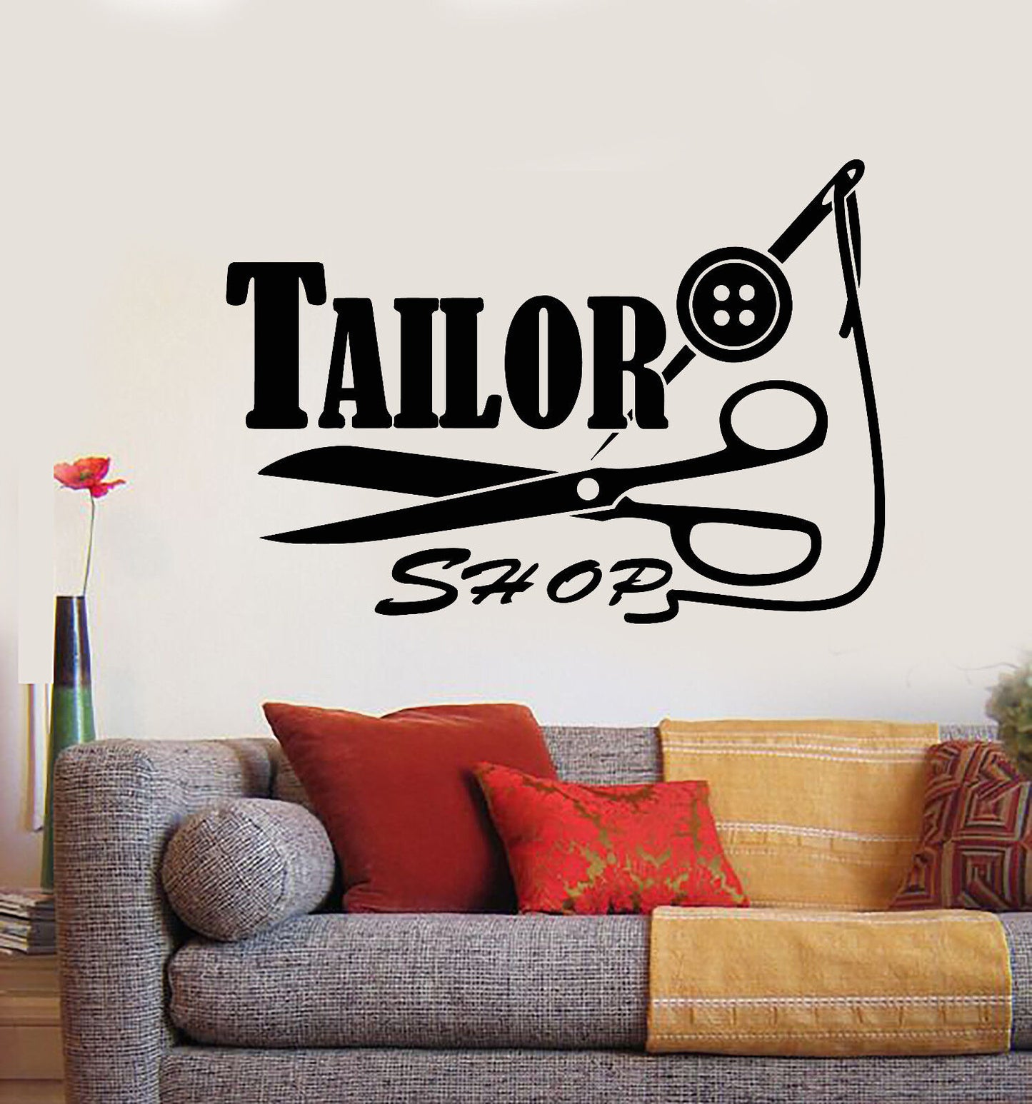 Wandaufkleber aus Vinyl, mit Logo von Tailor Shop, Fäden, Nadel, Schere (2225ig)