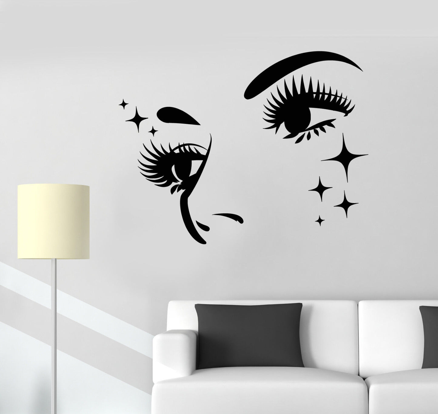 Autocollant mural en vinyle pour fille, visage, cils, sourcils, étoiles (2244ig)