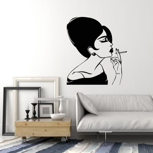 Vinyl Wall Decal Lady With Cigarette Smoking Glamorous Woman Stickers (2314ig)