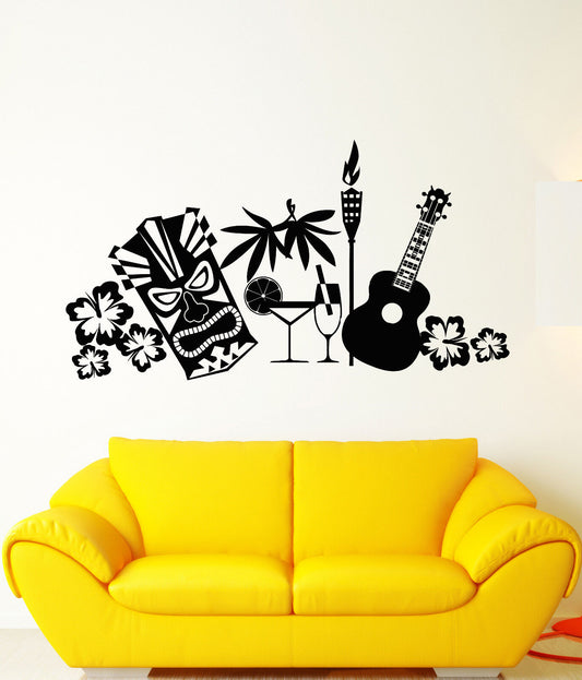 Autocollant mural en vinyle, Style plage tropicale, masque de guitare, fleurs, autocollants (2381ig)