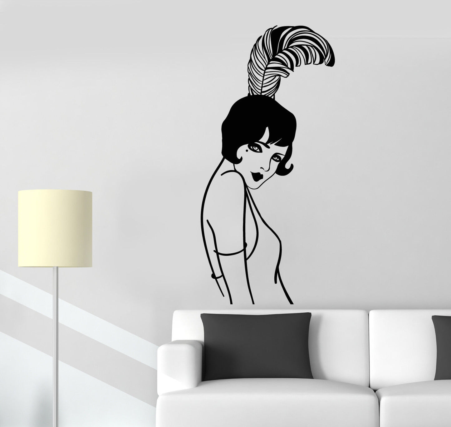 Vinyl Wall Decal Retro Lady Girl Style Hairstyle With Feather Stickers (2403ig)