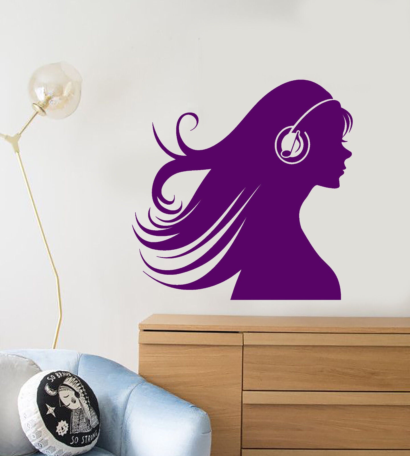 Autocollant mural en vinyle avec Silhouette de fille dans un casque, autocollants pour amateurs de musique (2450ig)