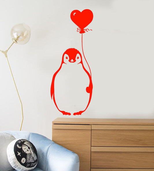 Vinyl Wall Decal Cartoon Arctic Penguin Bird With Balloon Stickers (2520ig)