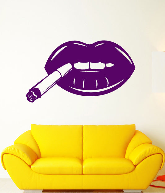 Vinyl Wall Decal Sexy Lips With Cigarette Smoking Girl Joint Stickers (2529ig)