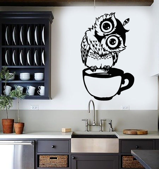 Autocollant mural en vinyle, dessin animé drôle hibou tasse de thé café pour la cuisine, autocollants 2559ig