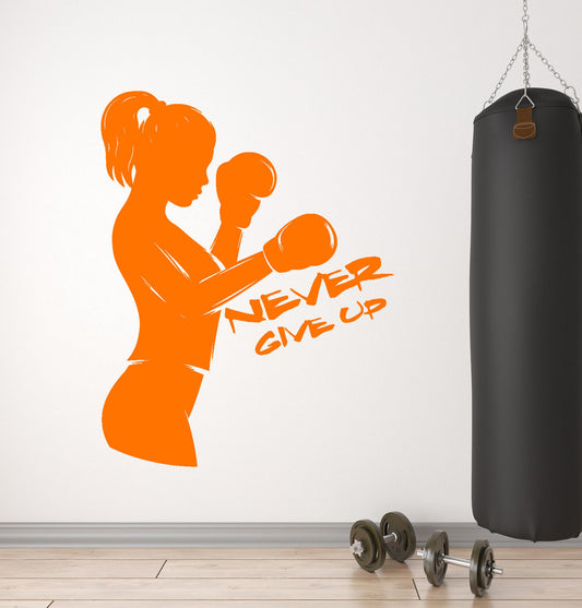 Autocollant mural en vinyle Boxer Girl gants de boxe Sport Never Give Up autocollants (2626ig)