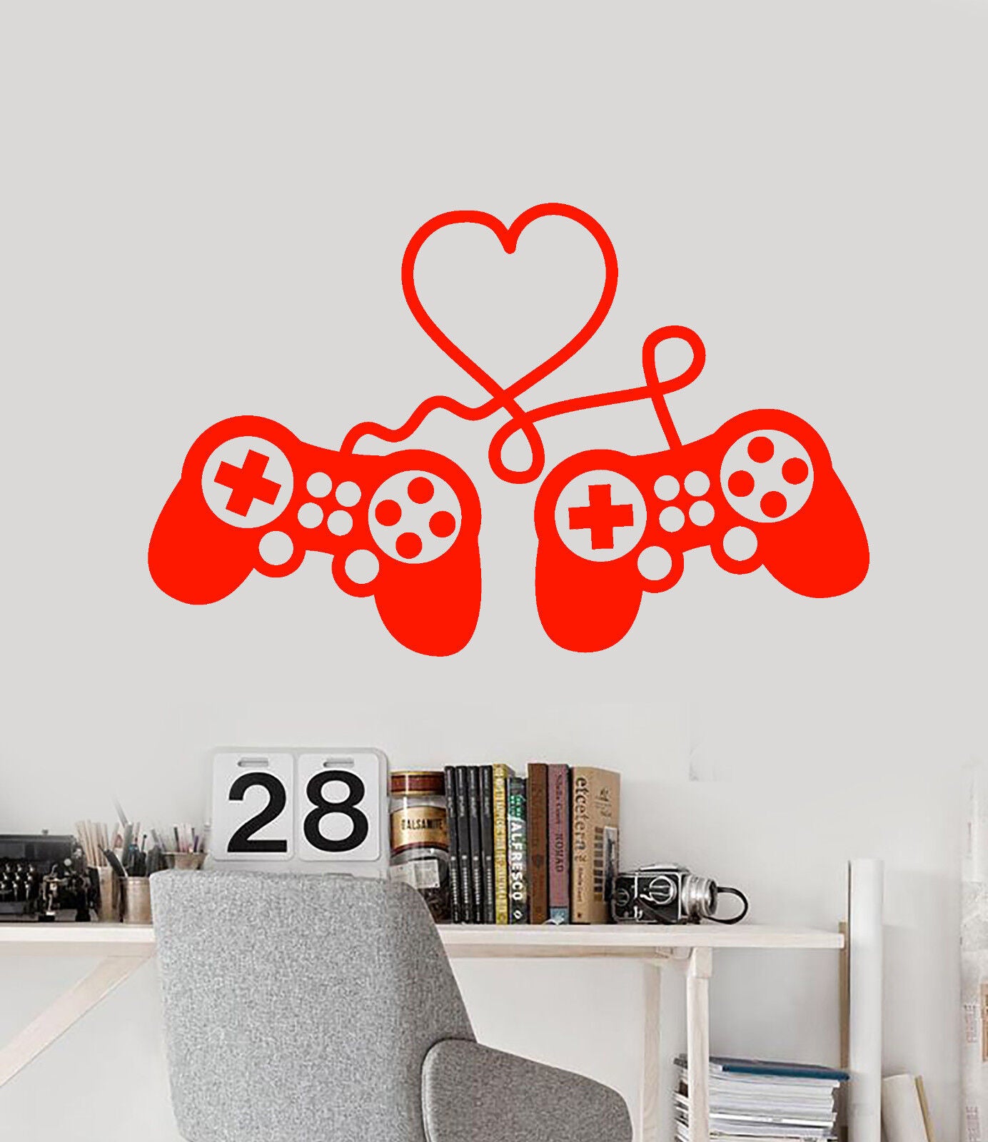 Autocollant mural en vinyle deux autocollants de jeu vidéo de salle de joueur d'amour de coeur de joystick (2647ig)