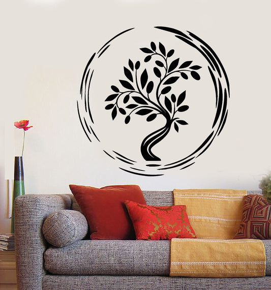 Autocollant mural en vinyle, cercle Enso, arbre asiatique, bouddhisme, arbre de vie (2717ig)