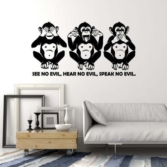 Autocollant mural en vinyle avec trois singes, citation d'animaux, mots See No Evil (2726ig)