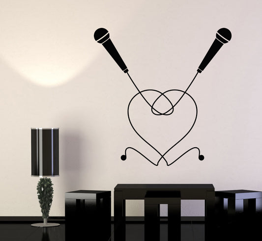 Vinyl Wall Decal Karaoke Bar Decor Microphones Duet Heart Symbol Stickers 2884ig