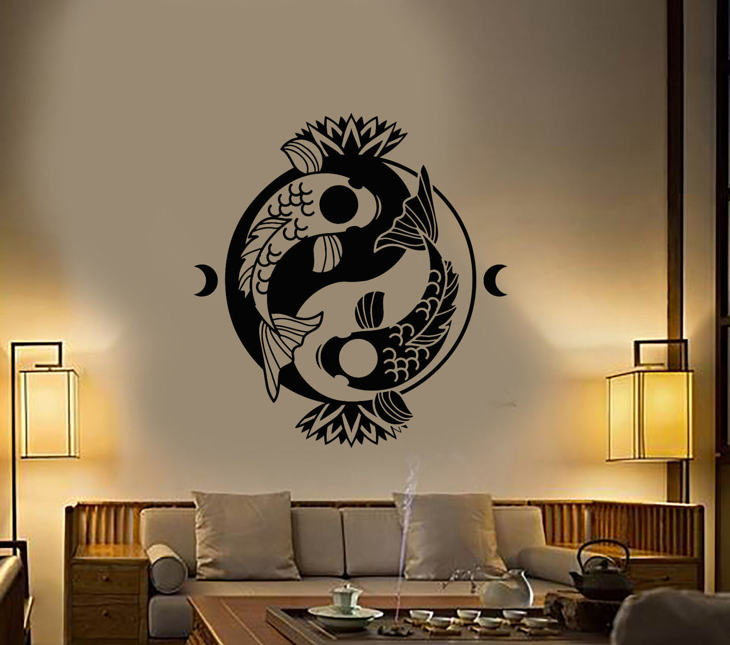 Autocollant mural en vinyle carpe Koi Yin Yang symbole bouddhisme fleur de Lotus autocollants 2923ig