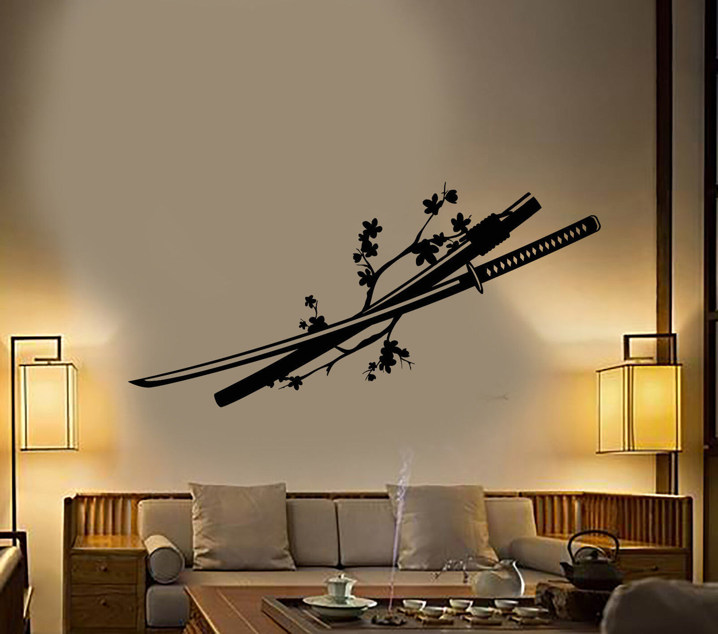 Vinyl Wall Decal Asian Catana Sword Sakura Branch Flowers Stickers (2982ig)