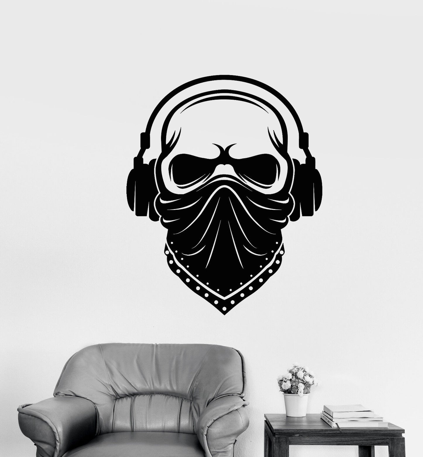 Wandaufkleber aus Vinyl, Totenkopf mit Kopfhörern, Musik, Gesicht, Bandana, Maske (3008ig)