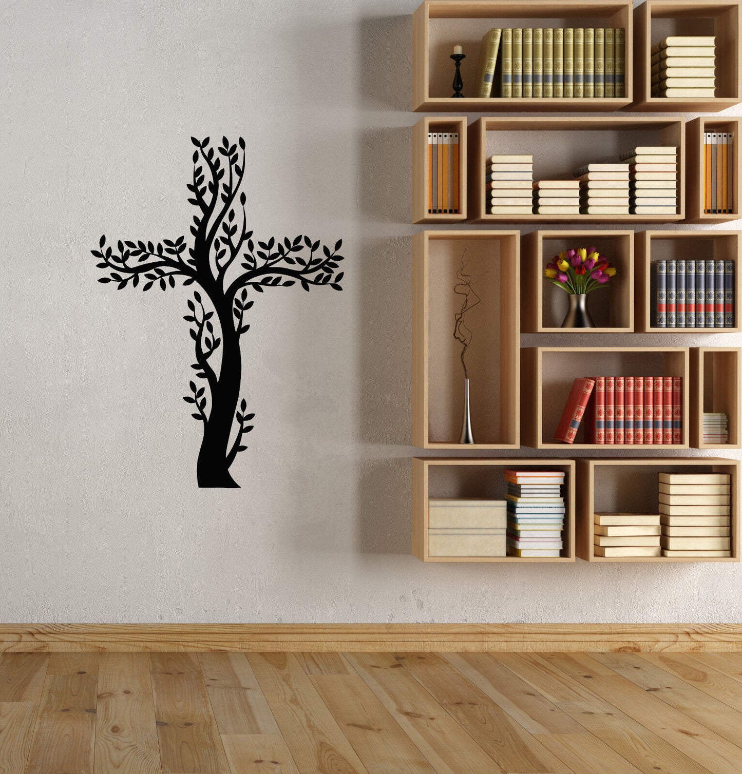 Vinyl Wall Decal Catholicism Cross Prayer Room Tree Branch Stickers (3110ig)