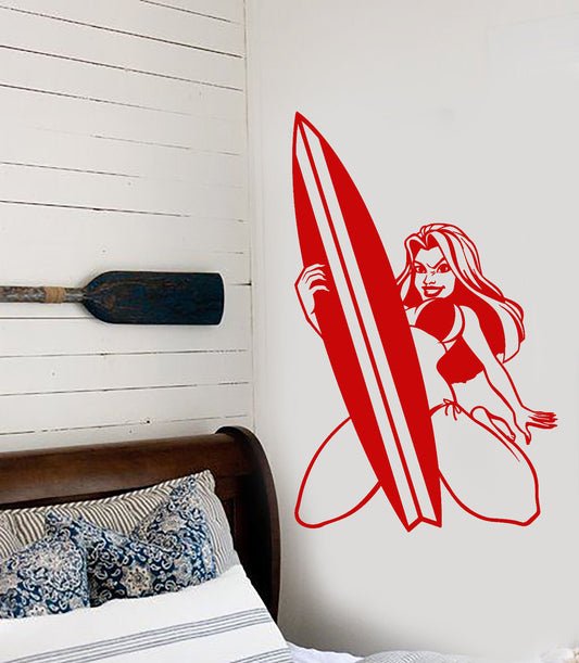 Vinyl Wall Decal Hot Sexy Surfer Girl In Swimsuit Surfboard Stickers (3157ig)