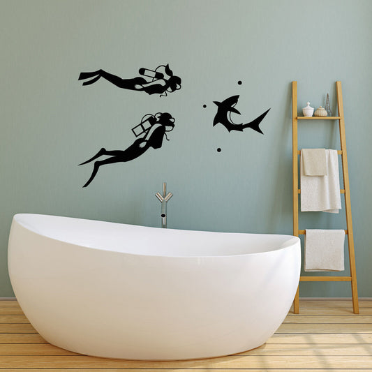 Vinyl Wall Decal Diving Scuba Diver Aqualunger Shark Stickers (3215ig)