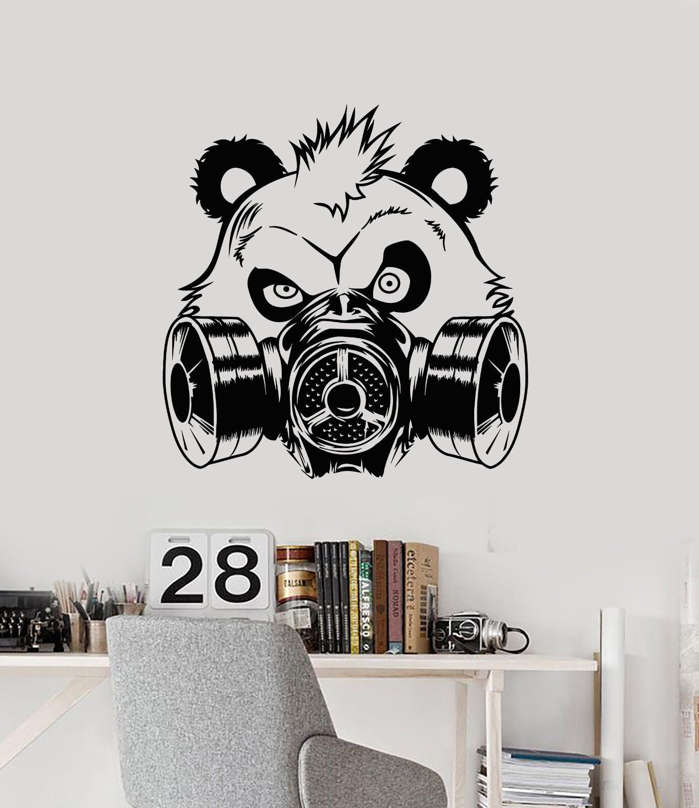 Autocollant mural en vinyle tête de Panda ours dans un masque à gaz, autocollants de décoration de chambre d'adolescent (3222ig)