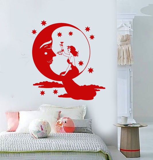 Vinyl Wall Decal Fairy tale Moon Face Stars Retro Lady Stickers (3272ig)